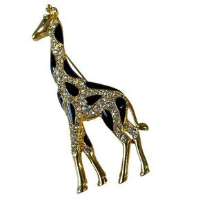 Gold-Tone Giraffe Brooch With Black Enamel & Clear Rhinestones